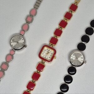 STYLISH Set of 3 Women's Fashion Watches, Bracelet Style Band, Red Pink Black